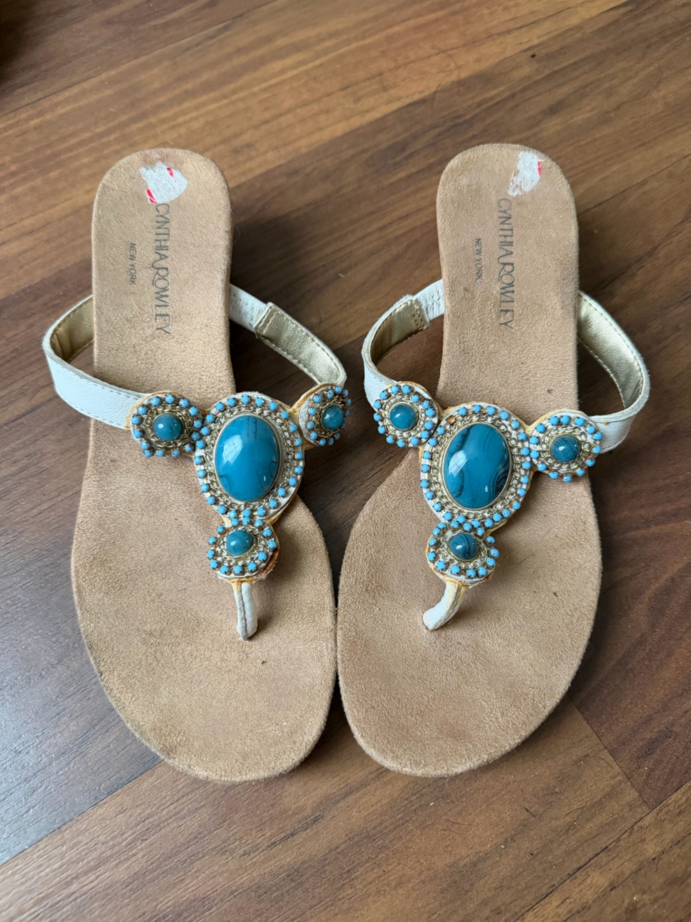 Cynthia Rowley White Sandals with Turquoise Gem Embellishments